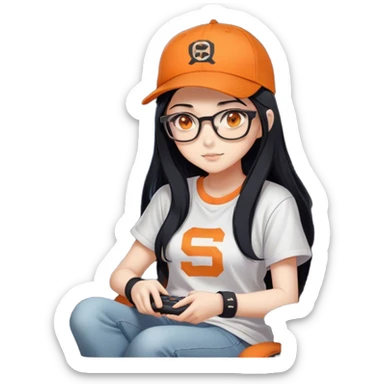 A cute anime girl with long black hair and orange eyes, wearing an oversized t-shirt and an orange baseball cap with a grey band on the front, sits in her gaming chair at night. This image serves as her profile picture on Steam. Wearing glasses with the awesome signature logo. sticker