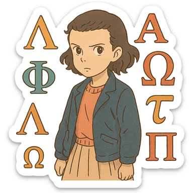 abstract representation of eleven using Greek alphabet motifs, ghibli style sticker