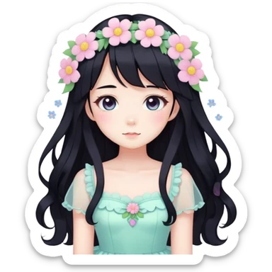 Kawaii anime lady with long black hair wearing a gorgeous pastel fairycore dress with flower details sticker