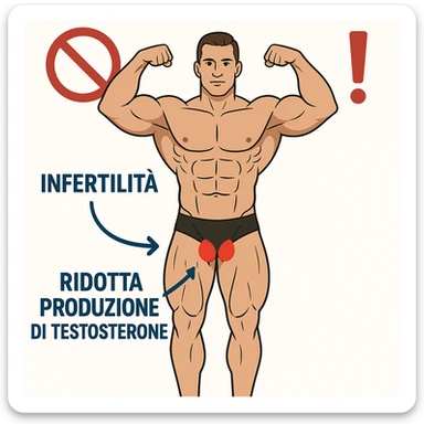 infographic in Italian of a bodybuilder with testicles highlighted in red, arrows indicating 'Infertilità' and 'Ridotta produzione di testosterone', prohibition symbol and red exclamation mark, educational style, white background sticker