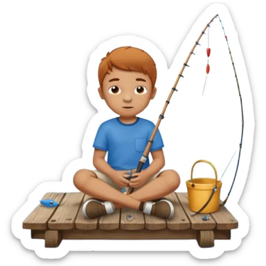 Little boy sitting on the dock fishing, felt texture, scrapbooking sticker