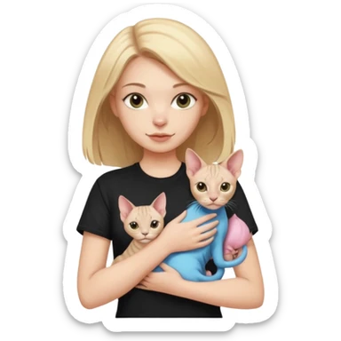 A white girl with light hair in black T-shirt is holding one Sphynx girl cat in her arms sticker