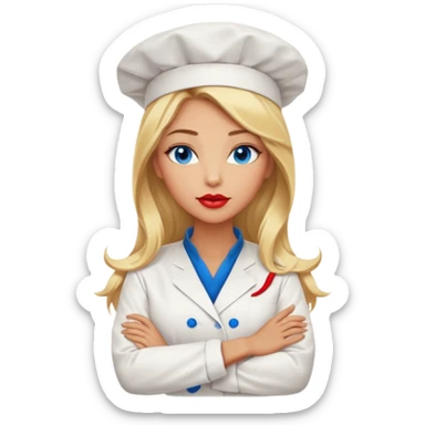 Beautiful, sexy,  long blonde hair, blue eyed, full red lips plunging v neck chefs coat, female chef arms folded  sticker