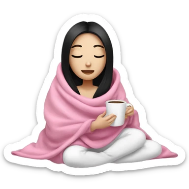 white girl with black straight hair inside a pink blanket sipping coffee eyes closed sticker