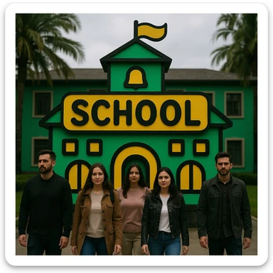 Add students walking in front of the school building in a professional style with a green, gold, and white color scheme. The design should be bold and clear, suitable for digital use, with no background. sticker