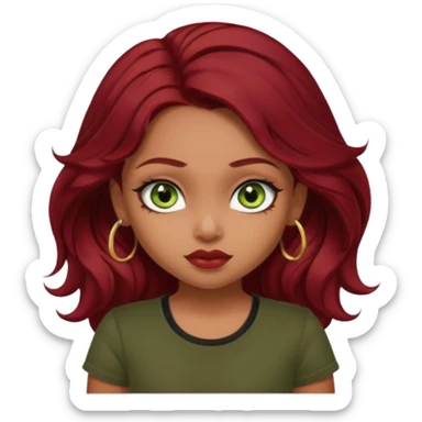 a pretty FAIR indian bratz girl with wavy dark red hair, wearing a black tee. eyeliner on, olive green eyes.  sticker