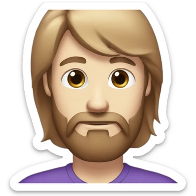 Twitch emote, white male blue eyes brown, thin mistache and beard, purple shirt sticker