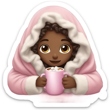 Light skin girl sitting up with dark dark brown curly hair under our pink blanket,make her look like a young  make it so you can see the curly hairsipping hot cocoa with marshmallows, cuddled around the blanket, long curly hair, long, medium lashes sticker