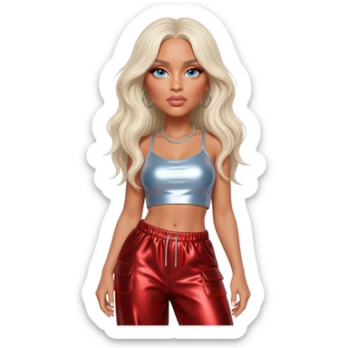 Christina Aguilera with blue eyes, long platinum blonde hair, light steel blue metallic crop top, red metallic baggy pants, silver necklace sticker