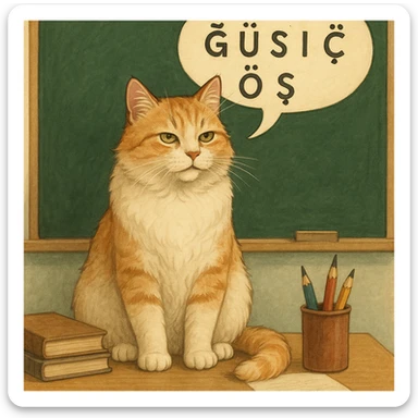 A Turkish cat with a speech bubble showing Turkish letters, sitting on a teacher's desk, looking wise sticker