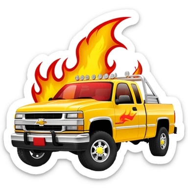 Yellow 1997 Chevrolet Silverado Crew Cab with prominent red flame graphics on the hood and front fenders, 30-degree angle, iconic Kill Bill truck, iOS emoji style sticker