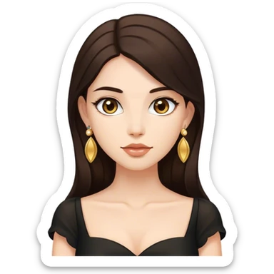 Beautiful woman,cute, long dark brown hair in dark dress with gold earrings sticker