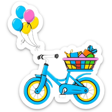 small kids bike in soft pastel pink with a basket and streamers sticker