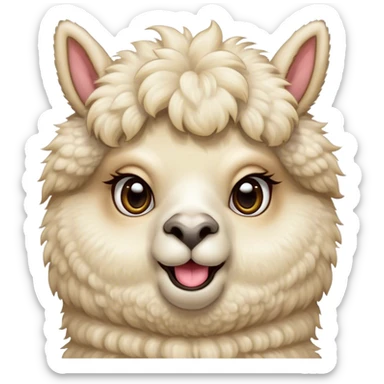 Cinematic Comical Cream Alpaca Portrait Emoji, Head tilted dramatically with an exaggeratedly amused expression, featuring a striking, fluffy cream fleece with playful texture, wide, expressive gentle eyes filled with playful disbelief, Simplified yet hilariously expressive features, highly detailed, glowing with a slightly sassy glow, high shine, dramatic yet playful, stylized with an air of cheeky mischief, bright and endearing, soft glowing outline, capturing the essence of a spirited and over-the-top alpaca, so meme-worthy it feels like it could side-eye its way into internet fame instantly! sticker