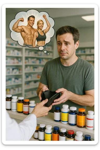 a man stands at a pharmacy counter, handing over a nearly empty wallet to the cashier while the counter is filled with bottles of supplements and vitamins. His expression is hopeful but slightly anxious. In the background, a thought bubble shows exaggerated images of instant health and fitness, symbolizing unrealistic expectations.  in italiano super realistica sticker