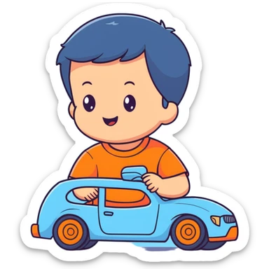 cute toddler boy with pastel blue clothes playing with a blue toy car sticker