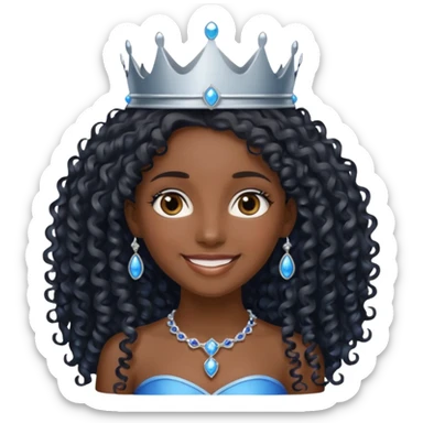 Por favor hazme el emoji de la princesa pero morena con el pelo negro y rizado y largo, los ojos marrones y la corona plateada con jollas azules sticker