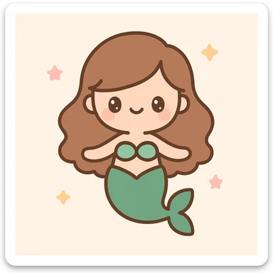 a mermaid with a forest green tail and chestnut brown hair, cute and whimsical style, charming, playful sticker