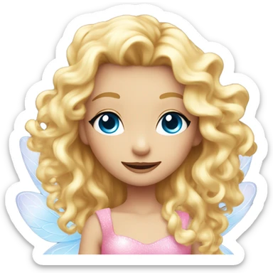 Fairy, a blonde hair with blue eyes and a pink dress with sparkly wings. White wings. The fairy has long, curly hair with a lot of volume sticker