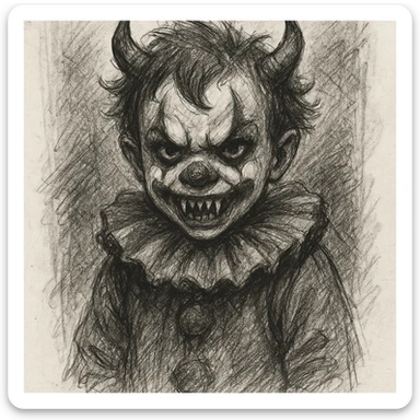 child demonic clown with horns and fangs, hand-drawn sketchy style sticker