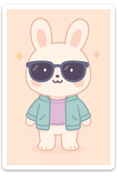 conejo blanco kawaii de pie, lentes oscuros, chaqueta y camiseta cool, sin zapatos, con pose de bienvenida sticker