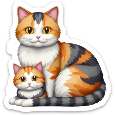 full body colourful light patched calico + white tabby cat cuddling a big dark grey and white tabby cat  sticker