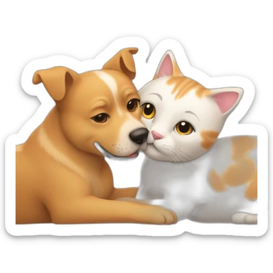A dog and cat hugging each other sticker