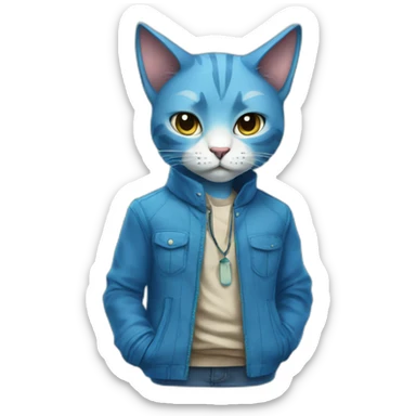 blue kawaï comics styled humanized cat wearing clothes sticker