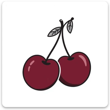 Hand-drawn pair of deep burgundy cherries with stem and leaves, dark rich red sticker