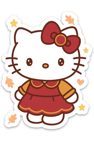 Hello Kitty Autumn Style, with a burgundy and metallic gold bow, and a matching outfit sticker