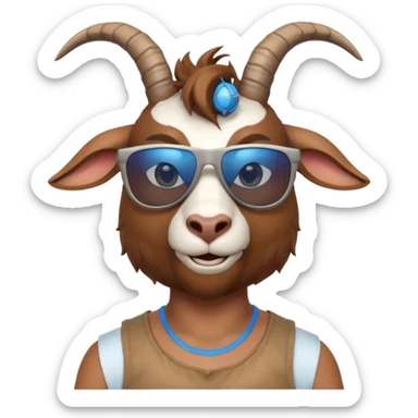 3D cartoon goat man portrait, head and shoulders, brown fur, small horns, blue reflective sunglasses, slight smile, tank top, soft lighting, centered, clean background, no text, no watermark
 sticker