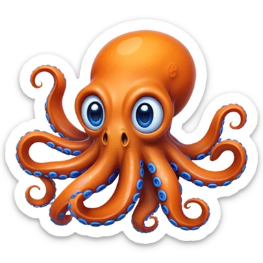 Cinematic Realistic Comical Octopus Portrait Emoji, Head tilted dramatically with an exaggeratedly amused expression, featuring a striking, glossy orange body adorned with bold blue rings and wide, expressive eyes brimming with playful disbelief; rendered with vivid natural textures and dynamic highlights, high shine, dramatic yet playful, styled with an air of cheeky ocean mischief, soft glowing outline, capturing the essence of a spirited and over‐the‐top octopus that looks ready to squirt ink its way into viral fame! sticker