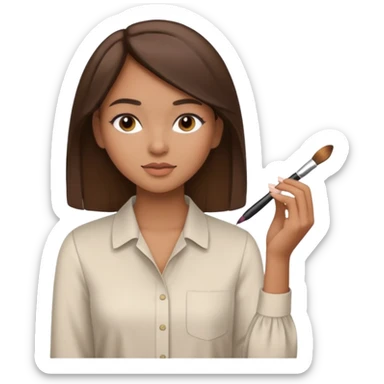 Draw a mixed-race girl applying makeup, wearing a clean girl blouse and with straight brown hair  sticker
