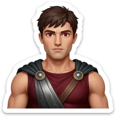 Ares from Greek Mythology with red eyes, dark brown hair, dark red metallic tunic, black metallic toga sticker
