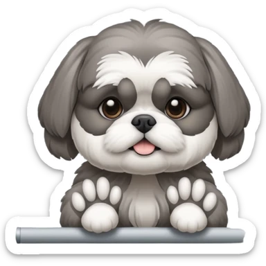 cute all grey shih tzu peeking through window blinds with one paw holding down the shade behind the shade sticker