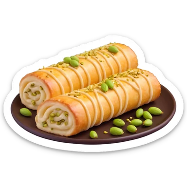Halawet el Jibn dessert, rolled cheese and semolina pastry with creamy filling, drizzled with syrup and sprinkled with pistachios, appetizing and inviting, on a small plate sticker