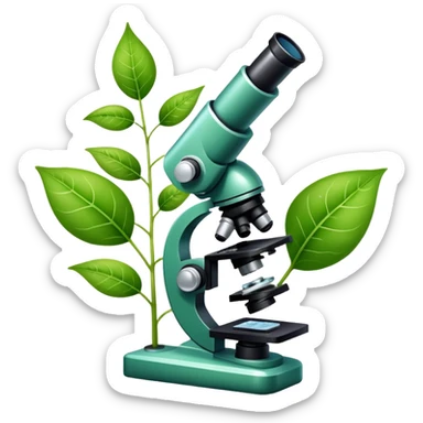 An icon featuring a microscope, a DNA strand, and a plant, symbolizing biology. The design includes animal cells, a leaf, and scientific formulas, representing the study of living organisms and ecosystems. Transparent background highlights biological research and discovery. sticker