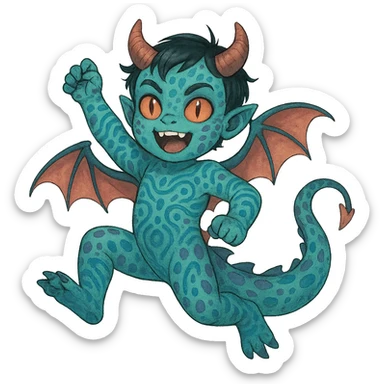 cute energetic young child with a dragon's body and tail, demon horns and eyes, and alien skin patterns sticker