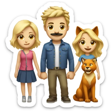 One blonde guy with mustache and one blonde gal kissing and holding hands with a lion on the left and a fox on the right  sticker
