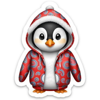 penguin wearing a red paisley pattern hoodie sticker