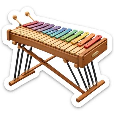 Create a vibrant and detailed emoji representing a large professional wood xylophone. The design should feature the sleek wooden keys of the xylophone, arranged neatly on the frame, with metal bars clearly visible. Add the mallets placed beside the instrument or in motion, highlighting their soft rubber heads. Use warm, natural wood tones for the keys, with subtle metallic accents to reflect the professional quality of the instrument. Add small musical notes or soundwaves around the xylophone to evoke its bright, percussive sound. The background should be transparent. sticker