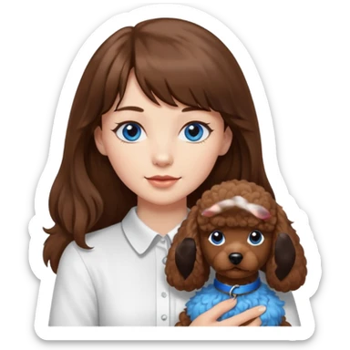 Kobieta z długimi brązowymi włosami, ma grzywkę i niebieskie oczy. Ubrana w białą koszulę. Trzyma na rękach brązowego pudelka. sticker