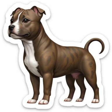 cinematic-[Staffordshire bull terrier]-realistic-full-body-standing-emoji,-tail-resting-loosely-beside-its-paws,-head-tilted-dramatically, -sleek-[dark solid brindle]-fur,-simplified-yet-realistic-focused-features,-highly-detailed,-glowing-with-an-almost-sarcastic-glow sticker