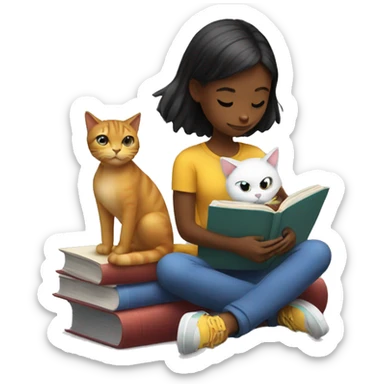a girl reading a book and a cat sticker