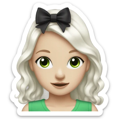 pale girl with long platinum white wavy hair with bright green eyes and wearing a black hair bow sticker