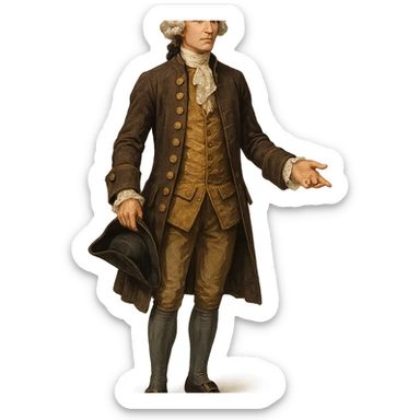 18th century gentleman standing, elegant period clothing, powdered wig, refined posture, full body, no background, visually engaging style sticker