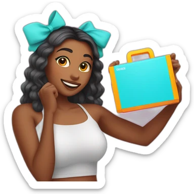 influencer taking a picture of herself holding a bright box in her arms sticker