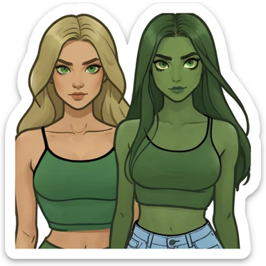 Three women, one with light skin with dark blonde long hair with green eyes, light skin black long hair with brown eyes and light skin long blonde hair with blue eyes wearing crop tops sticker