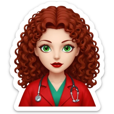 Lilith symbol seductress evil woman. She has green eyes.  had brown long curly hair.  evil surgeon kills with scalpel wears red sexy doctor coat with red mouth cover sticker