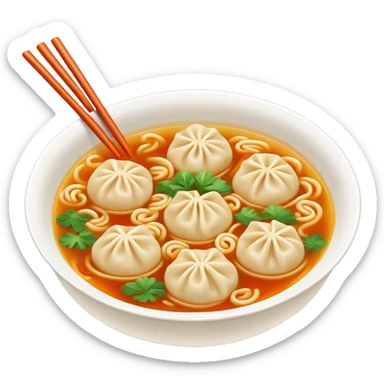Wenzhou Huntun Wonton Noodle Soup with small dumplings, simplified emoji style with bold outlines and bright colors, cartoon style Zhejiang specialty with clear broth sticker
